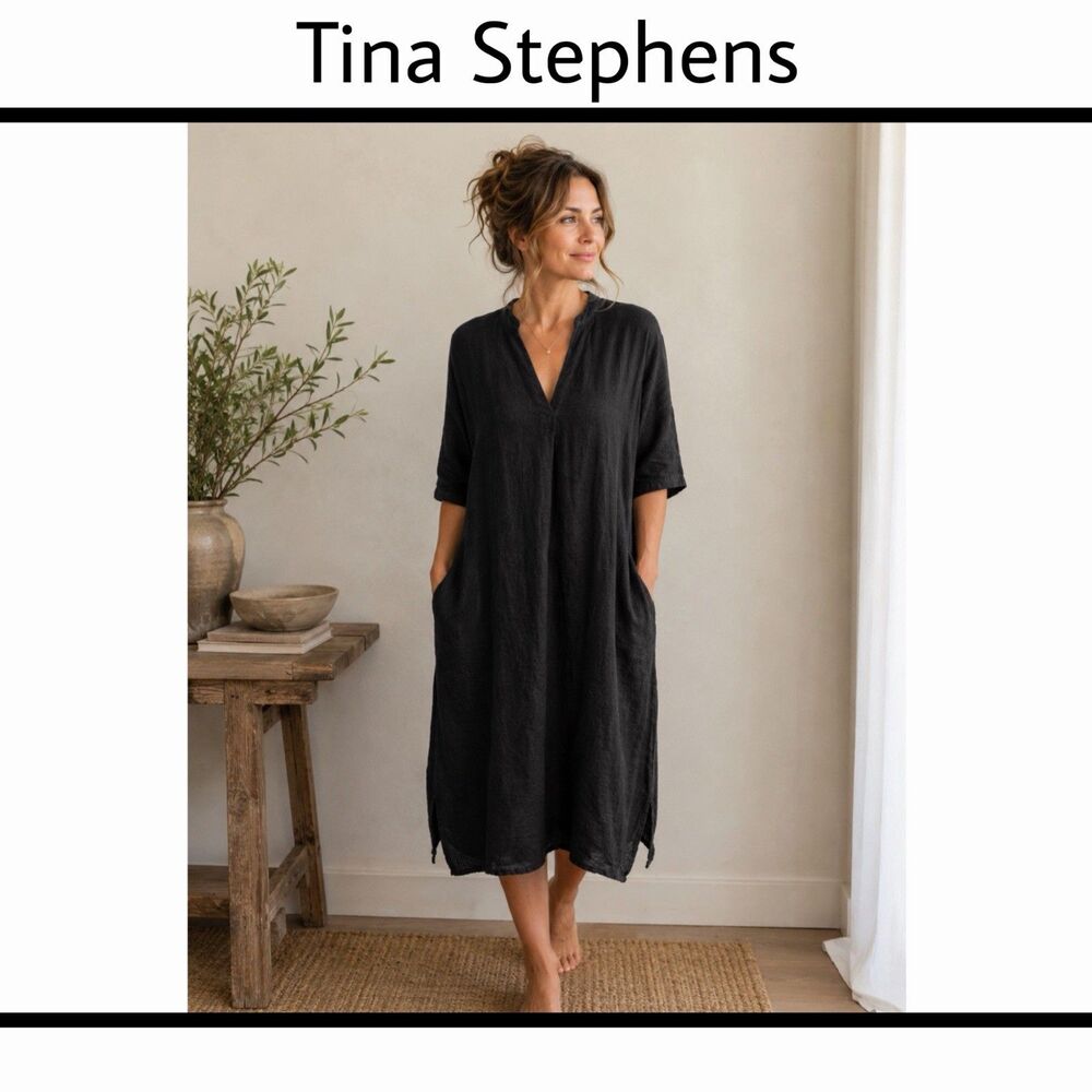 Tina Stephens Made In Italy Linen Black Dress Boho Minimalist